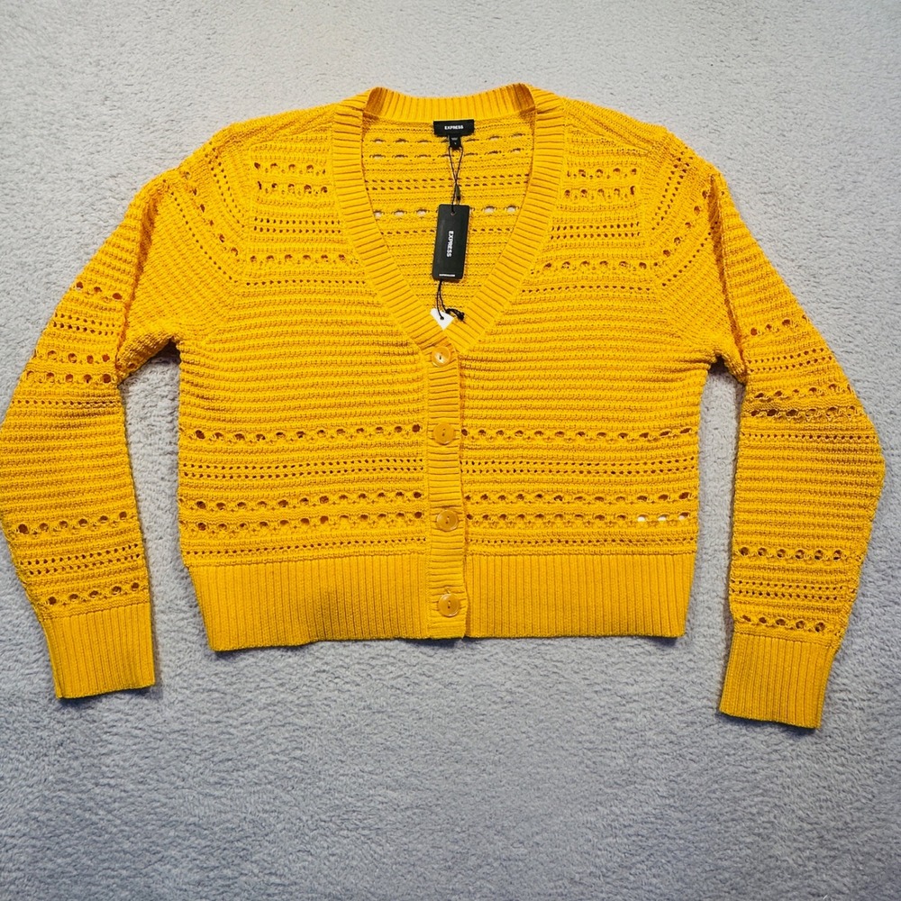 Express Cardigan Women Large Yellow Pointelle Knit V-Neck Button Front‎ NWT